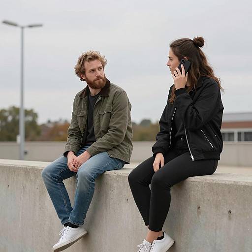 Two People Sitting on Concrete Wall Outdoors