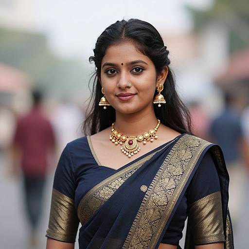 Photograph of a young Indian woman with medium brown skin, black hair in a braid, wearing a black sari with gold embroidery, gold jewelry