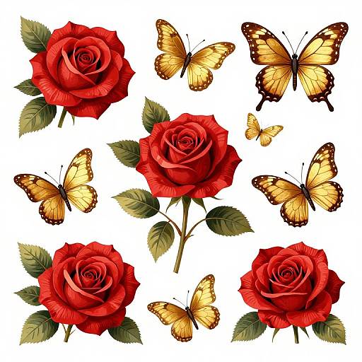 Illustration of six vibrant red roses with green leaves and five yellow butterflies with black spots on a white background.