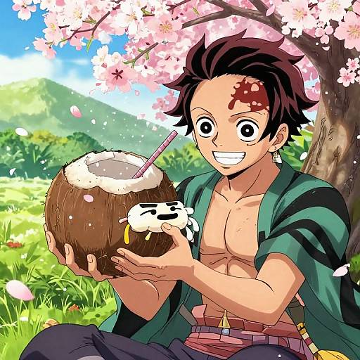 Anime-style illustration of a smiling, shirtless young man with spiky black hair, holding a coconut drink with a straw and a small white dog,