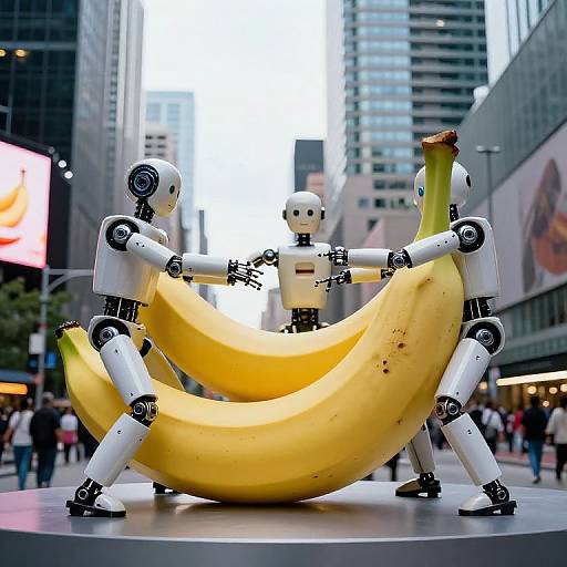 Robot Sculpture Holding Giant Bananas in Dundas Square