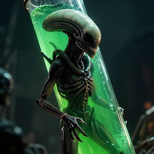 Photorealistic CGI of a sleek, black Xenomorph with a glowing green, transparent, liquid-filled tube behind it, set in a dark,