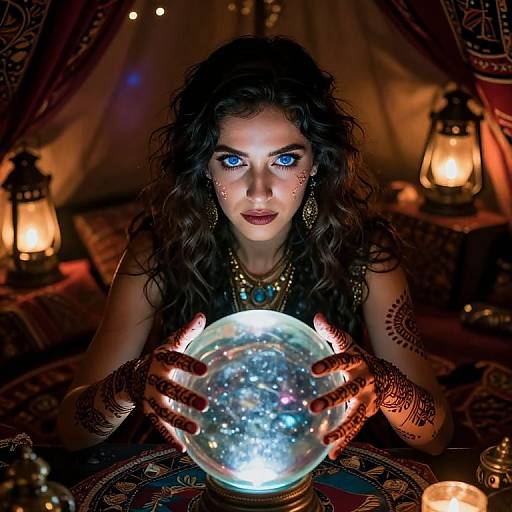 Photograph-style digital artwork of a mystical woman with blue eyes, dark wavy hair, and intricate tattoos, holding a glowing crystal orb in a dim