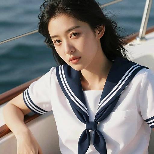 Young Woman in Sailor Outfit on Boat