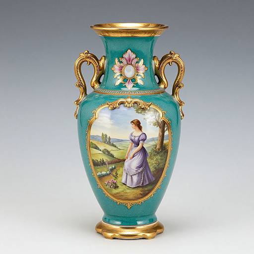 Ornate turquoise porcelain vase with gold accents, featuring a painted scene of a woman in a purple dress standing in a lush countryside.