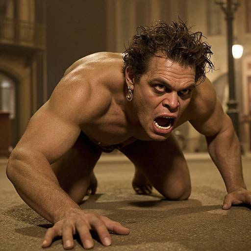 Photograph of a muscular, shirtless man with wet, dark hair, wearing hoop earrings, crawling aggressively on a dimly lit street, mouth open