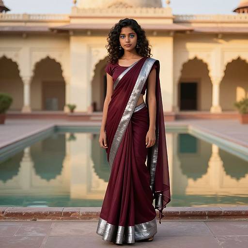 Photograph of a young woman with curly black hair, wearing a maroon sari with silver borders, standing in front of a reflective pool and ar