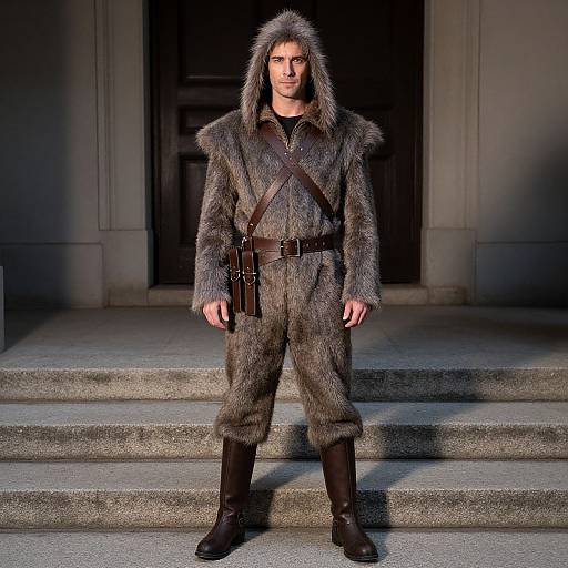Photograph of a man in a grey fur hooded medieval robe with brown leather straps and boots, standing on stone steps against a dark, shadowed