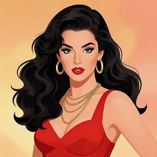 Digital illustration of a confident woman with long black wavy hair, wearing a red dress, gold hoop earrings, and layered necklaces, against a gradient