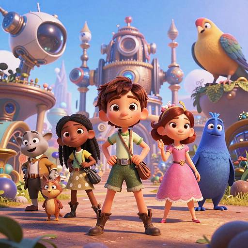 CGI image of a cartoon-style family in a whimsical, colorful city with robots and birds, featuring a boy, girl, and diverse animal friends
