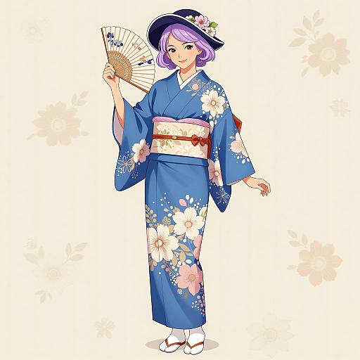 Asian Woman in Blue Floral Kimono with Fan