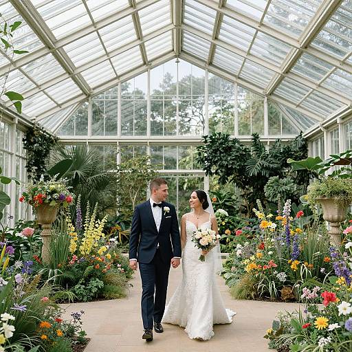Photograph of a bride in a white lace gown and groom in a black tuxedo walking hand-in-hand through a vibrant greenhouse garden.