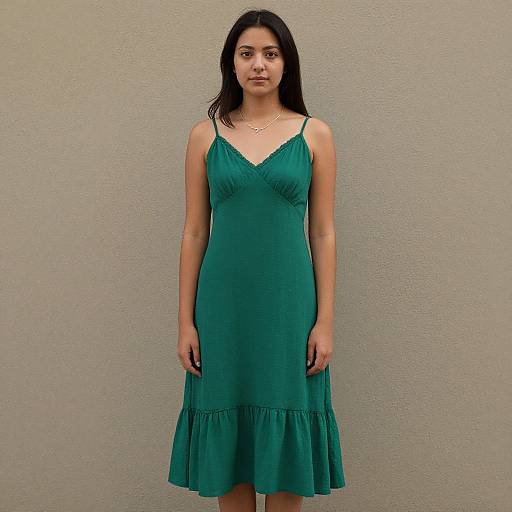 Photograph of a young woman with long dark hair, wearing a sleeveless, green, V-neck dress with a ruffled hem, standing against a