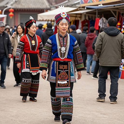 Photograph of two Asian women in vibrant, traditional, embroidered clothing with white headpieces, walking in a bustling outdoor market.