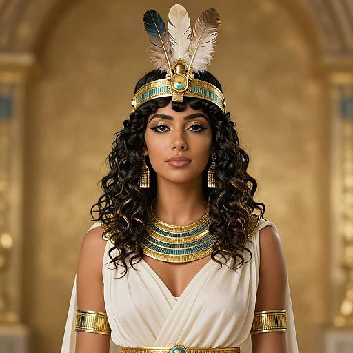 Photograph of a beautiful woman with long curly black hair, wearing an Egyptian-inspired headdress with feathers, gold and turquoise jewelry, and a white,