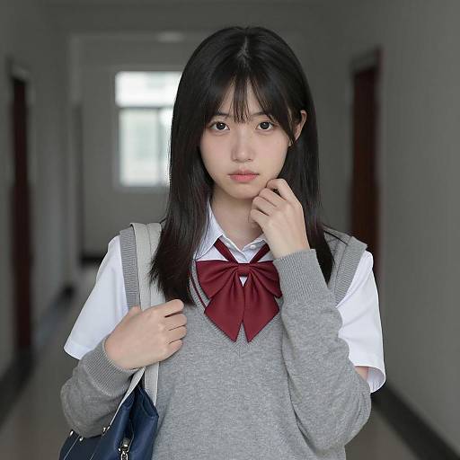 Asian Student in School Uniform in Hallway