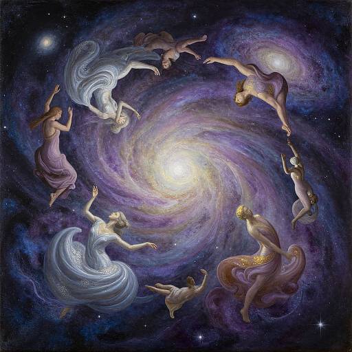 Digital artwork of seven dancing women with flowing dresses in a cosmic swirl, surrounded by a starry galaxy and vibrant nebula.