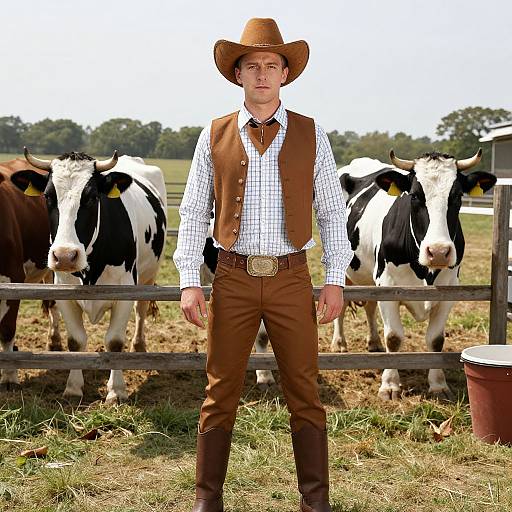 Photograph of a young white man in a brown cowboy hat, checkered shirt, and brown vest, standing in front of black-and-white cows behind
