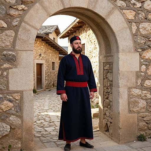 Photograph of a bearded man in traditional black Turkish outfit with red embroidery, standing in stone archway of historic cobblestone alleyway.