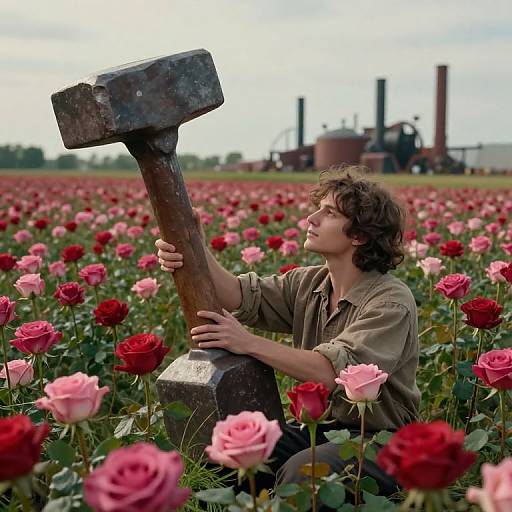Young man with curly brown hair, wearing a green shirt, holds a large, rusty hammer over a field of red and pink roses, with an industrial