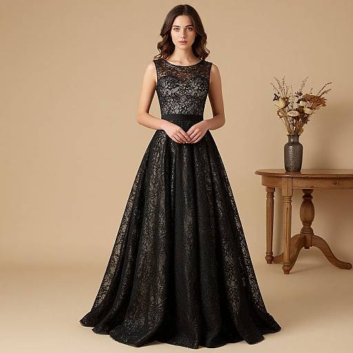 Photograph of a woman with wavy brown hair wearing a sleeveless, black lace ball gown, standing in front of a beige background and wooden table