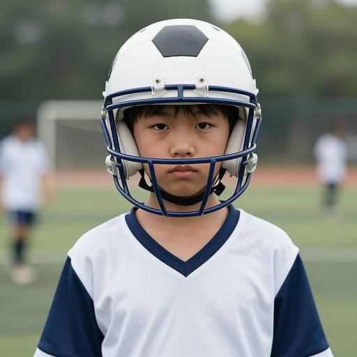 Photograph of an Asian boy wearing a white and navy football helmet and jersey, standing on a blurred soccer field.