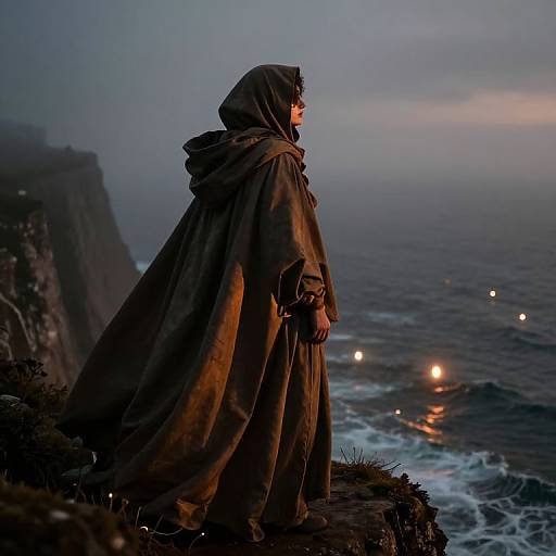 Chiaroscuro Cloaked Figure on Cliff