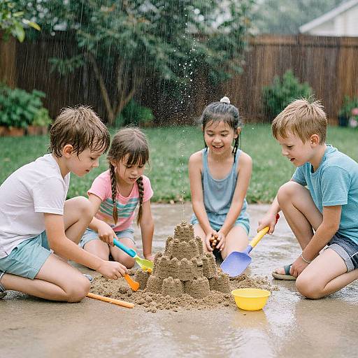Rainy Backyard Kids Building Sandcastle