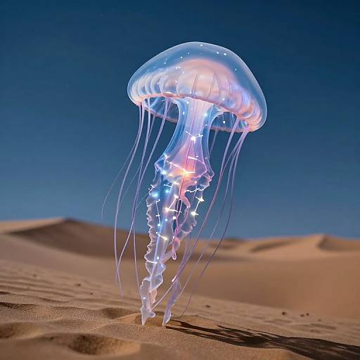 Photorealistic CGI of a glowing, translucent jellyfish with long, flowing tentacles floating over a sandy desert landscape under a clear blue sky.