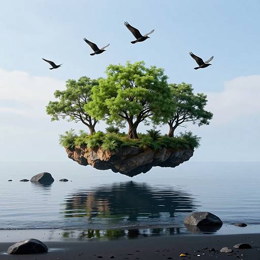 Floating Island Over Black Sand Ocean