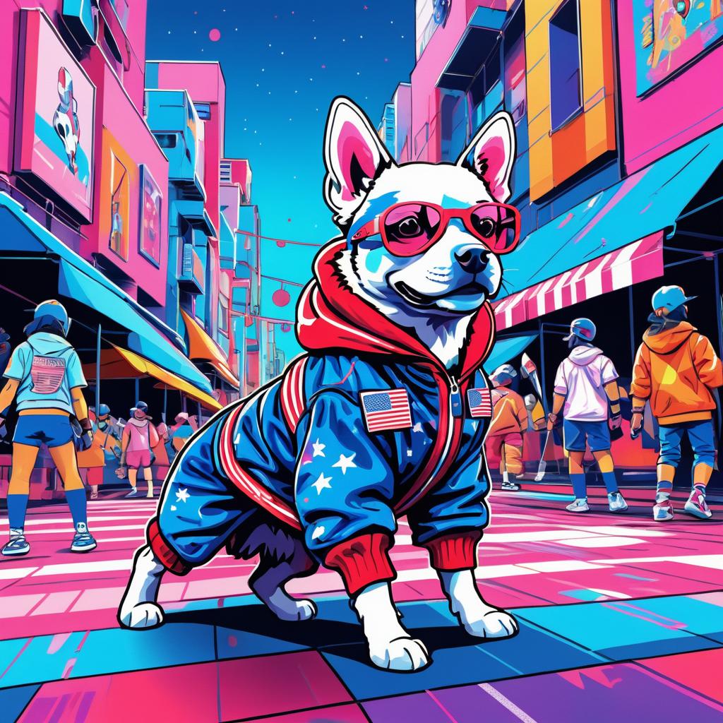 Vibrant Pop Art Dog in Cyberpunk Japan