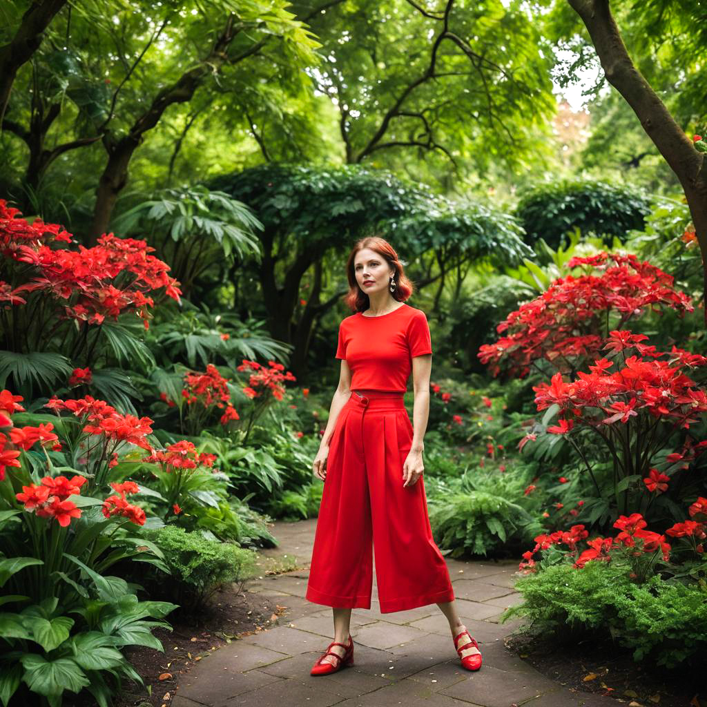 Dancer in Vibrant Red Culottes in Garden