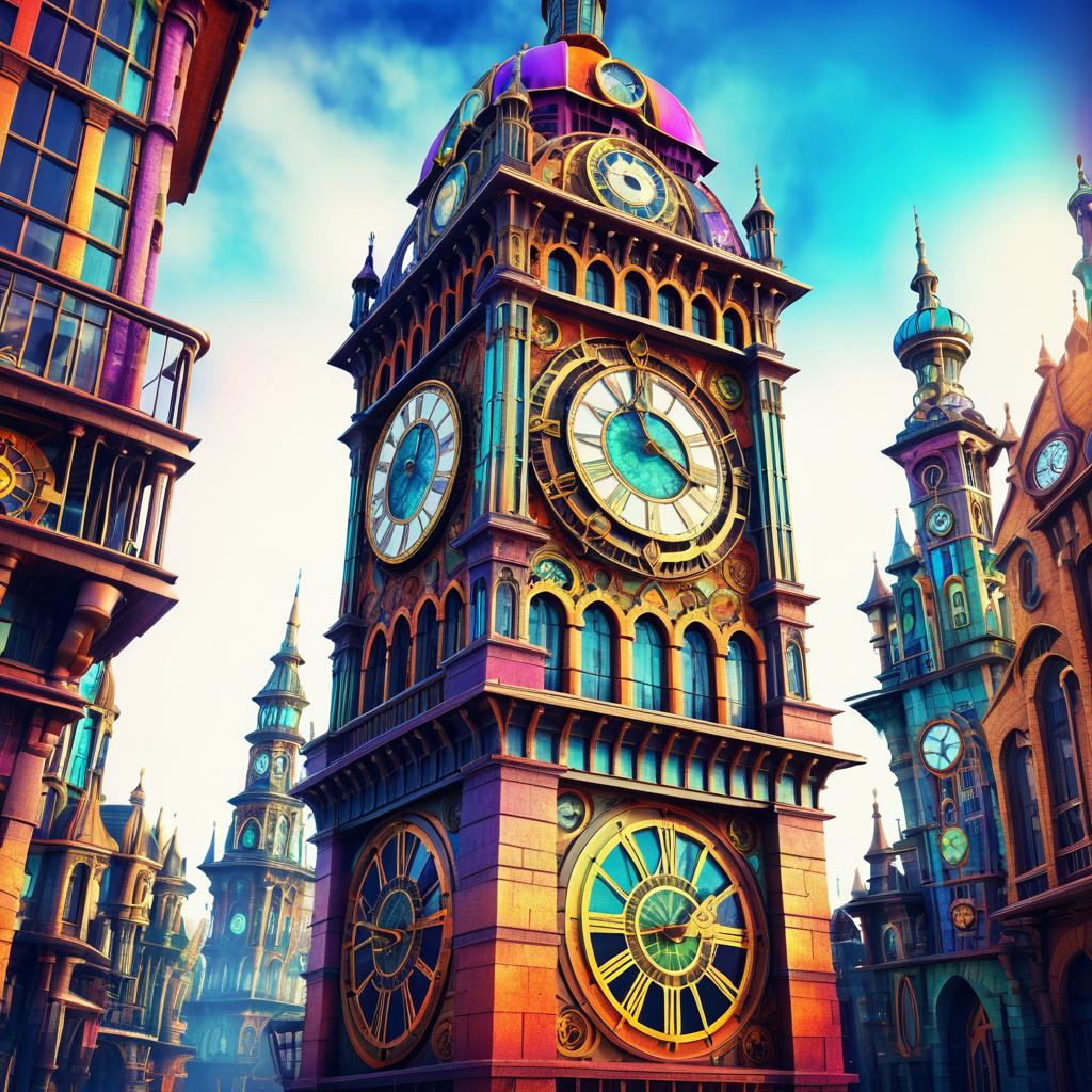 Vibrant Steampunk Clock Tower Illustration