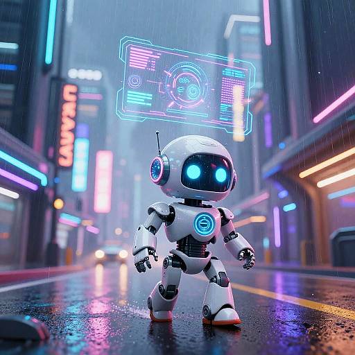 Babytron Robot in Neon Cyberpunk City