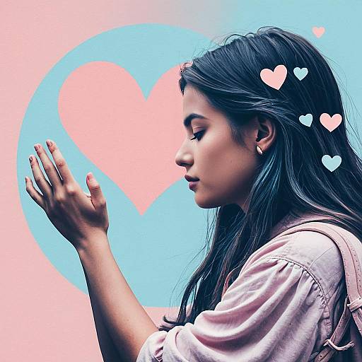 Stylized Portrait of Compassion with Heart Symbols