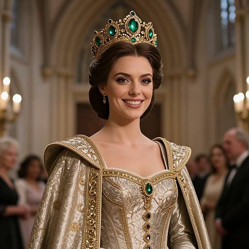 Photograph of a smiling, dark-haired woman in a golden, intricately embroidered gown with green gemstones, wearing a jeweled crown, in a