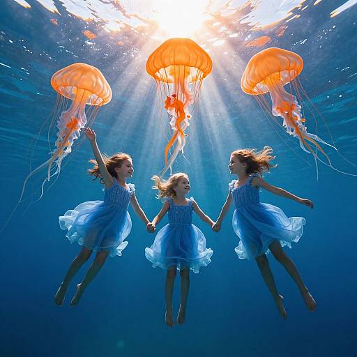 Three girls in blue dresses swim underwater, holding hands, surrounded by glowing orange jellyfish, illuminated by sunlight from above.