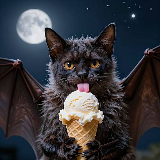 Photorealistic image of a black bat-cat with yellow eyes, holding a melting ice cream cone, under a full moon, with bat wings spread.