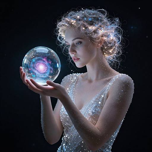 Photograph of a fair-skinned, blonde woman with glowing, star-like hair, wearing a sparkling, silver dress, delicately holding a glowing,