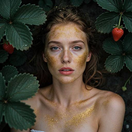Photograph of a fair-skinned, blue-eyed woman with golden glitter on her face and shoulders, surrounded by dark green strawberry leaves and red strawberries.