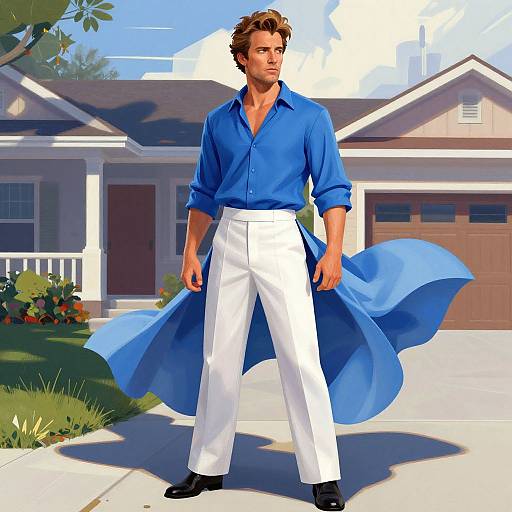 Digital illustration of a handsome man with tousled brown hair, wearing a blue button-up shirt and white pants, standing confidently in front of a suburban house
