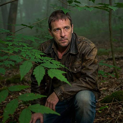 Photograph of a rugged, middle-aged man with short brown hair, wearing a worn leather jacket and jeans, crouching in a misty forest