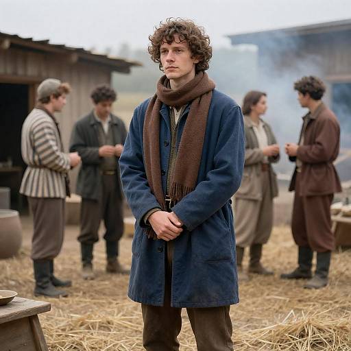 Man in Blue Coat Standing Outdoors with Group