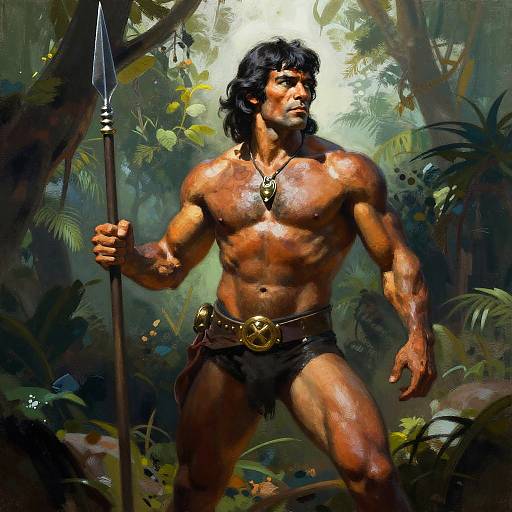 Digital painting of a muscular, shirtless, dark-haired man with tan skin, holding a spear, wearing a loincloth and necklace, in a