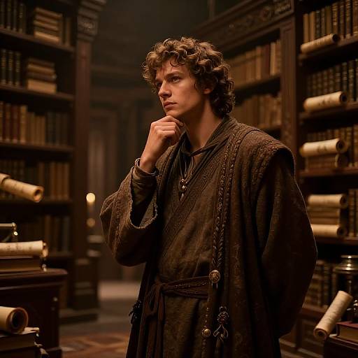 Photograph of a curly-haired young man in a dark, textured robe, standing pensively in a dimly lit, wooden library filled with booksh