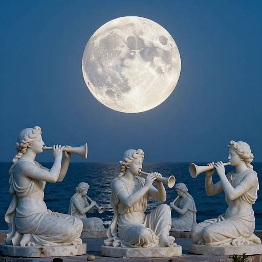 Photograph of five white marble statues of classical women playing musical instruments, under a bright full moon against a deep blue night sky and ocean backdrop.