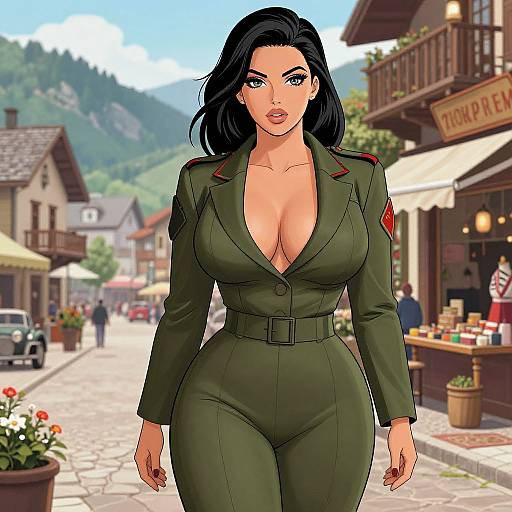 Digital illustration of a curvy woman with black hair, large breasts, and green military jumpsuit, walking down a sunny European village street.