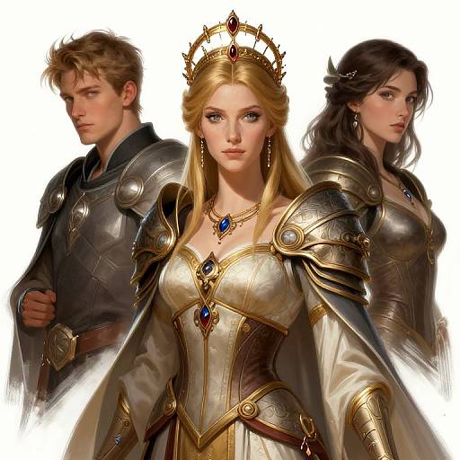 Digital art of three regal characters: a blonde queen with a crown, blue gem necklace, and golden armor, flanked by a serious blond knight