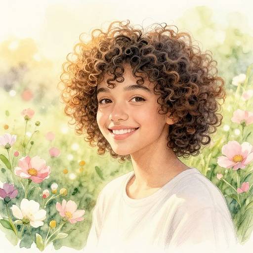 Digital painting of a smiling young woman with curly brown hair, light brown skin, wearing a white shirt, in a sunny, blooming flower field.