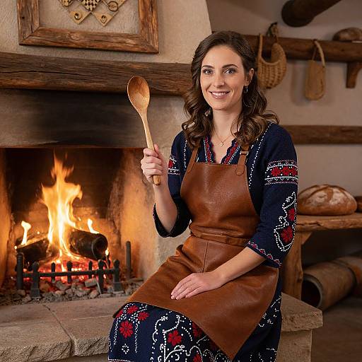 Photograph of a smiling woman with wavy brown hair, wearing a black embroidered dress and brown leather apron, holding a wooden spoon, sitting by